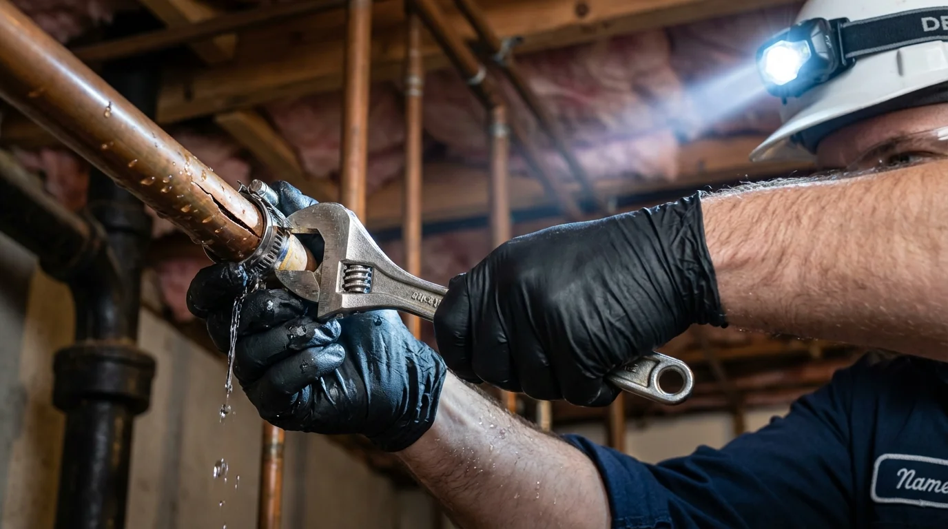 Emergency pipe clamp repair being performed by a Johns Plumbing LLC plumber in Seminole